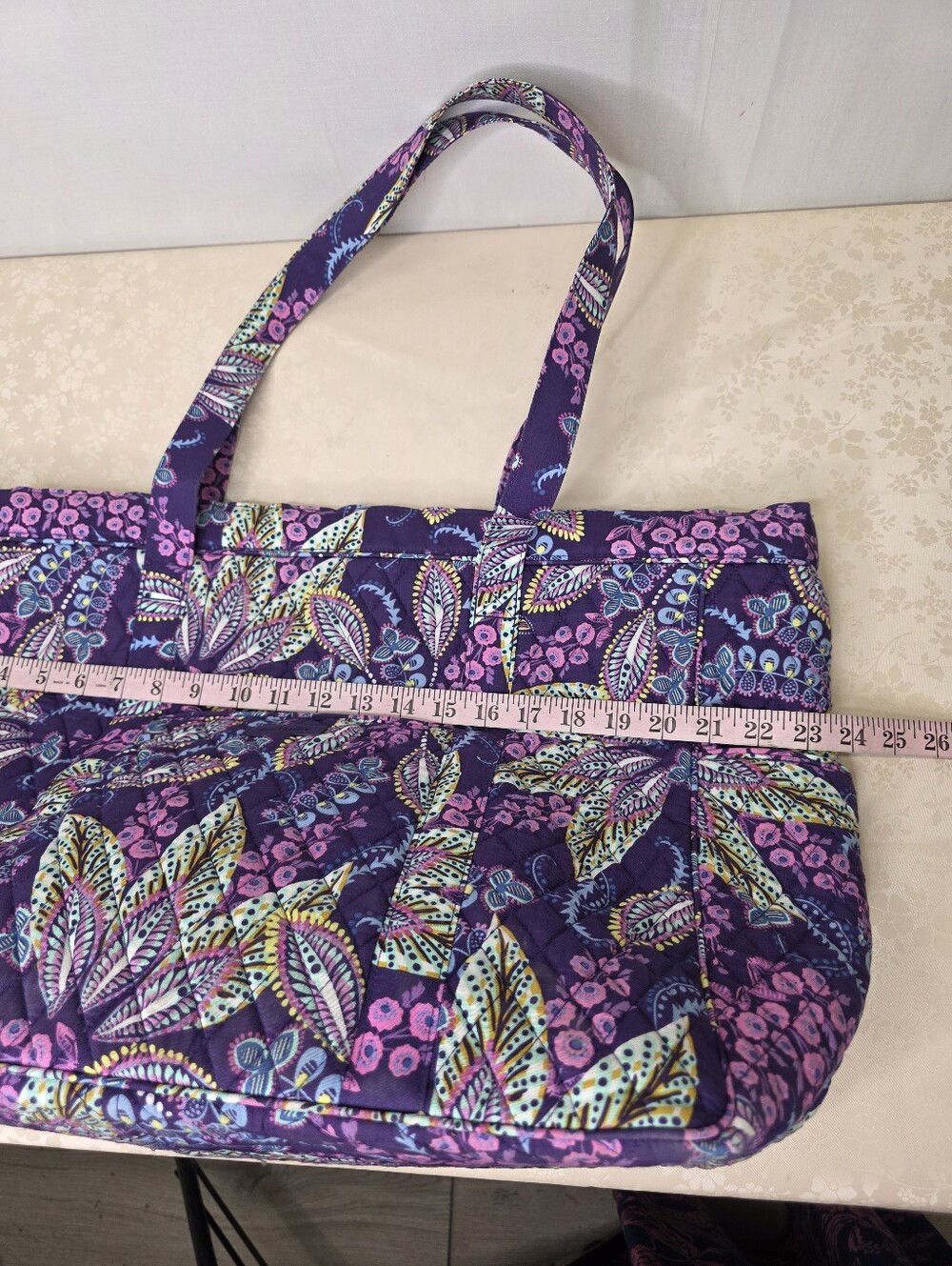 Vera Bradley Quilted Cotton Large Zip Top Tote Bag Purple Pink Paisley Floral - Picture 8 of 10